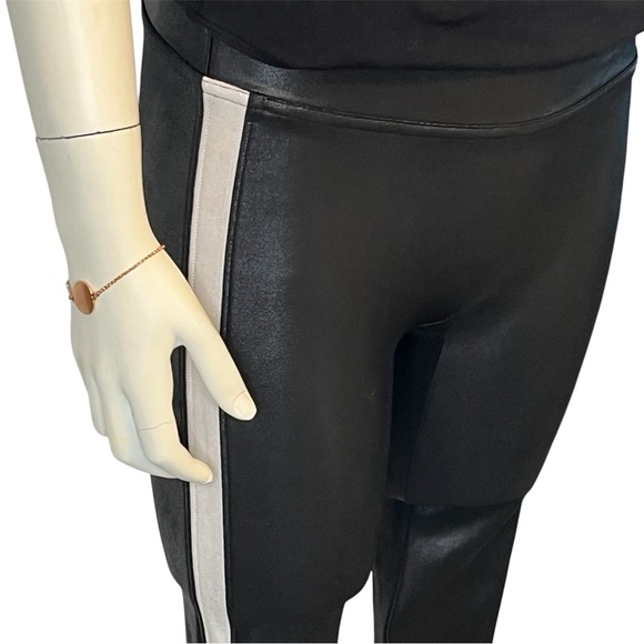 SPANX Black Faux Leather Leggings White Stripe Accent Edgy Athleisure Sporty - Picture 3 of 11